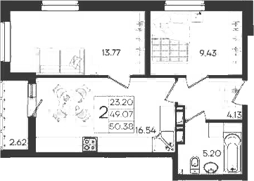 Продается 2-комн. квартира, 49.07 м²