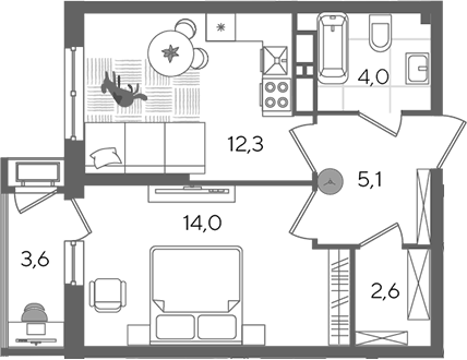 1-комн., 38 м², 13/24 этаж, ЖК «Рекорд»