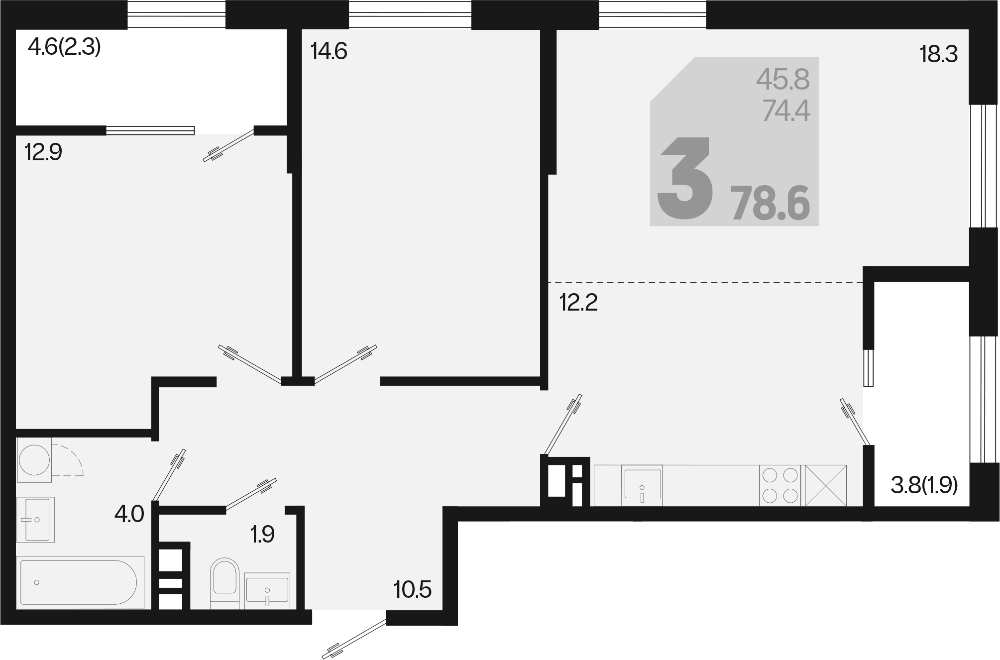 3-комн., 74.4 м², 9/9 этаж, ЖК «Первое место»