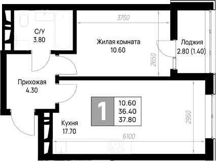1-комн., 36.4 м², 9/9 этаж, ЖК «На высоком берегу»