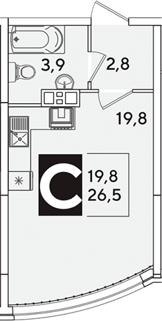 Студия, 26.5 м², 6/16 этаж, ЖК «Самолет»