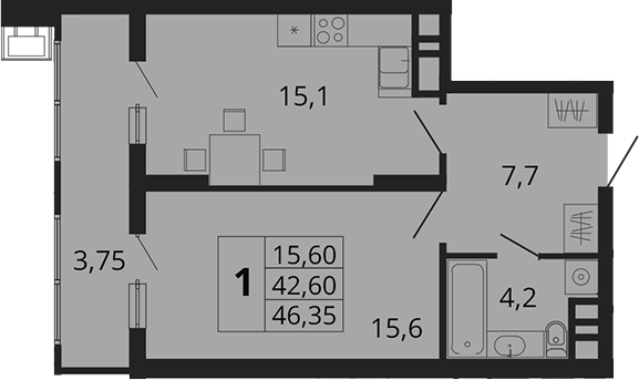 1-комн., 43.7 м², 2/18 этаж, ЖК «Родные Просторы»