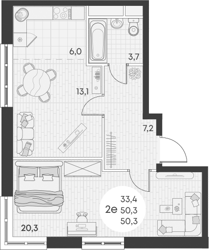 2-комн., 50.3 м², 13/16 этаж, ЖК «Грин Эппл»