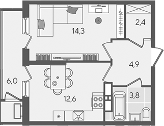 1-комн., 38 м², 22/24 этаж, ЖК «Рекорд»