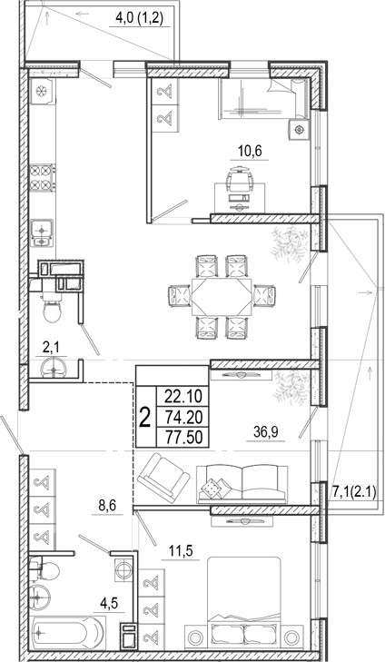 3-комн., 74.2 м², 2/17 этаж, ЖК «Лестория»