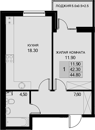 1-комн., 42.3 м², 2/7 этаж, ЖК «История»