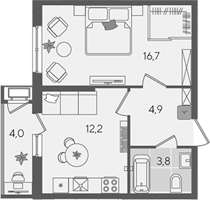 1-комн., 37.6 м², 2/24 этаж, ЖК «Рекорд»
