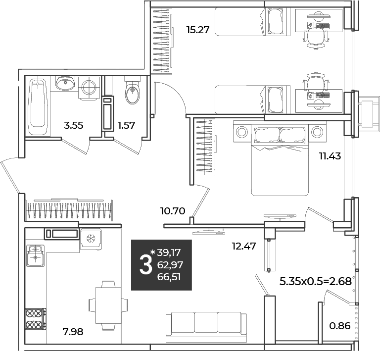 2-комн., 62.97 м², 14/18 этаж, ЖК «Образцово»