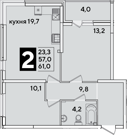 3-комн., 57 м², 2/16 этаж, ЖК «Самолет»