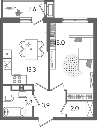 1-комн., 38 м², 15/24 этаж, ЖК «Рекорд»
