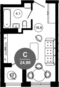 Студия, 22.9 м², 8/10 этаж, ЖК «Гостиничный комплекс GREENMONT»