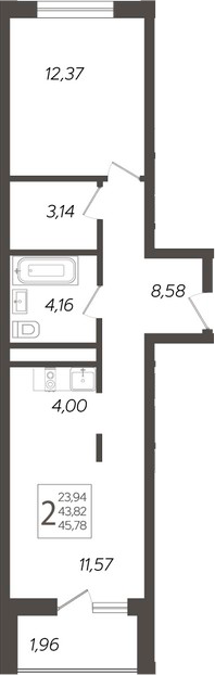 2-комн., 43.82 м², 2/19 этаж, ЖК «Кислород»