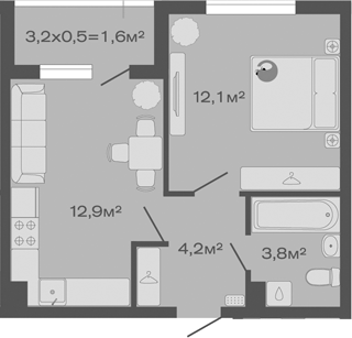 1-комн., 33 м², 1/4 этаж, ЖК «Дзенпарк»