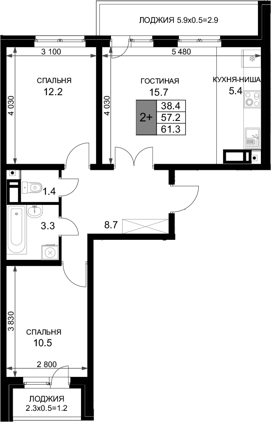 3-комн., 57.2 м², 16/16 этаж, ЖК «Ракурс»