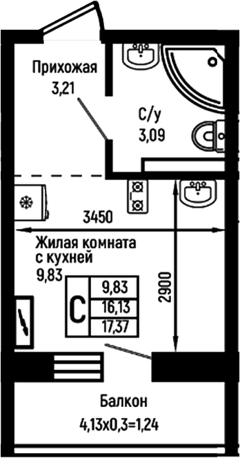Студия, 16.13 м², 3/9 этаж, ЖК «Ботаника Хиллс»