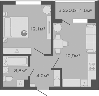 1-комн., 33 м², 3/4 этаж, ЖК «Дзенпарк»