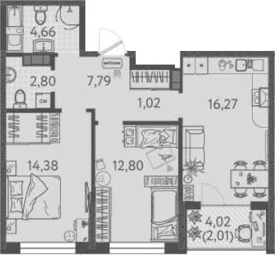 2-комн., 59.72 м², 8/9 этаж, ЖК «Друзья»