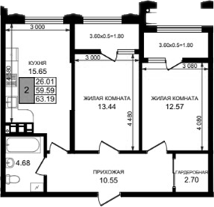2-комн., 59.59 м², 7/8 этаж, ЖК «Резиденция морей»
