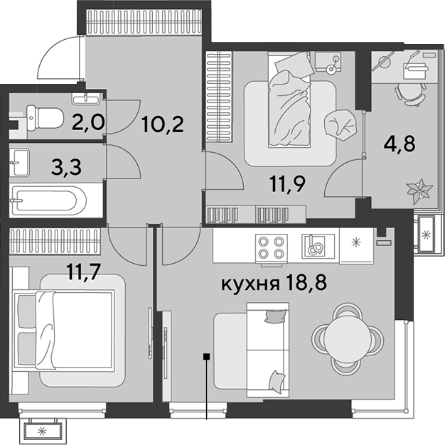3-комн., 57.9 м², 2/9 этаж, ЖК «Парк Победы»