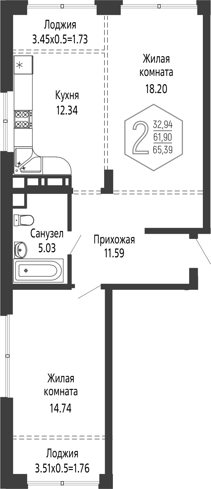 2-комн., 61.9 м², 14/16 этаж, ЖК «Гарантия PRIME»