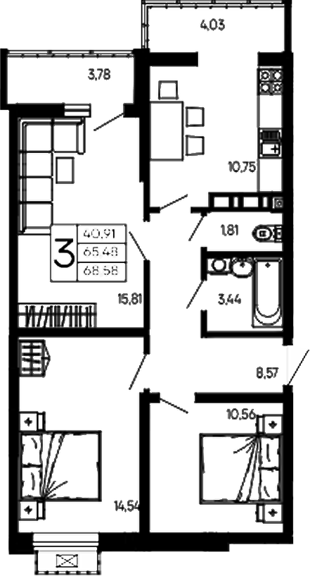 3-комн., 65.48 м², 3/16 этаж, ЖК «Эпос»