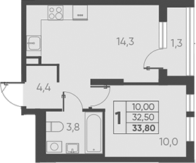 1-комн., 32.5 м², 11/15 этаж, ЖК «Барса»