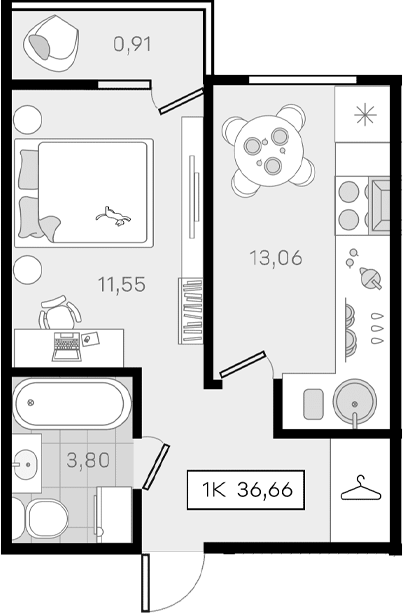 1-комн., 35.69 м², 3/8 этаж, ЖК «История 3»
