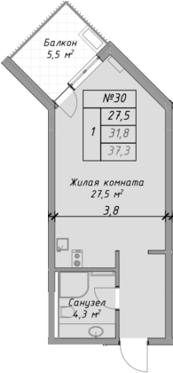 Студия, 31.8 м², 2/4 этаж, ЖК «Оазис Азова»