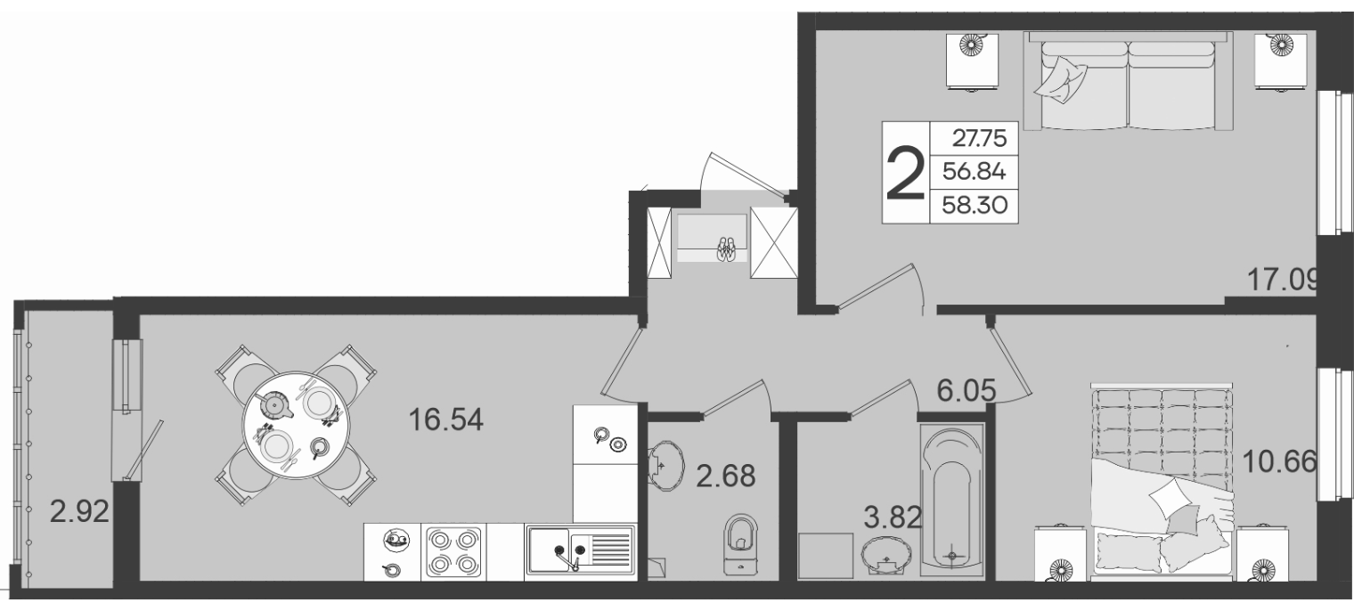 2-комн., 56.84 м², 2/18 этаж, ЖК «Дом 101»