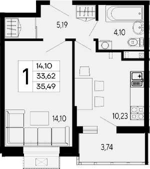 1-комн., 33.62 м², 2/16 этаж, ЖК «Эпос»