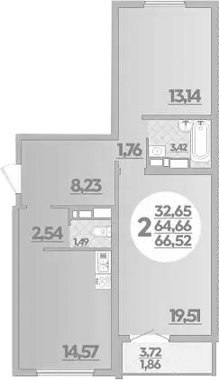 2-комн., 64.66 м², 1/16 этаж, ЖК «Город у моря»