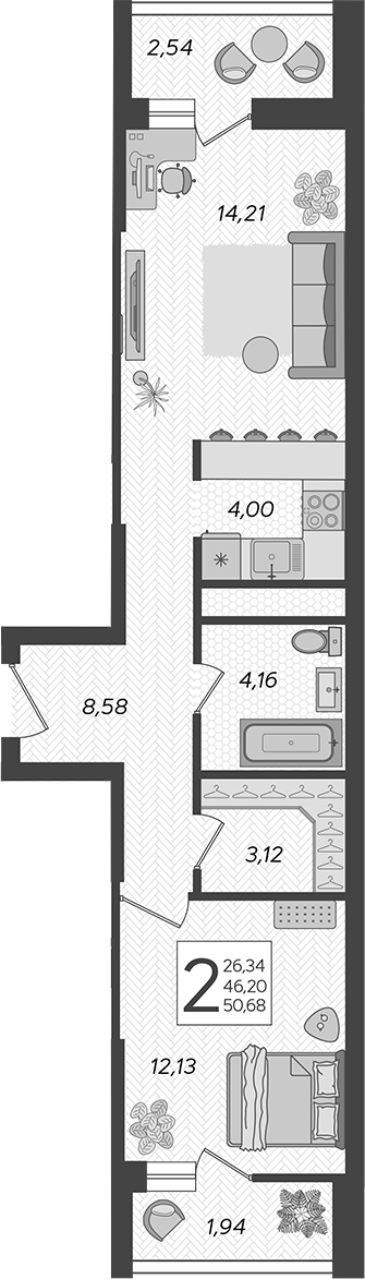 2-комн., 48.12 м², 6/19 этаж, ЖК «Кислород»