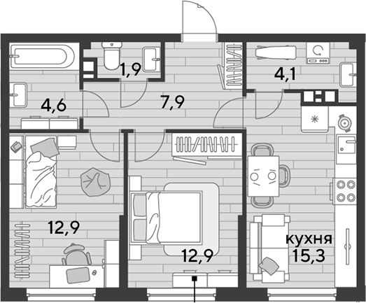 2-комн., 59.6 м², 9/16 этаж, ЖК «DОГМА ПАРК»