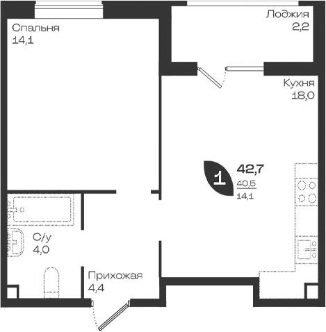 1-комн., 40.5 м², 2/9 этаж, ЖК «Ботаника»