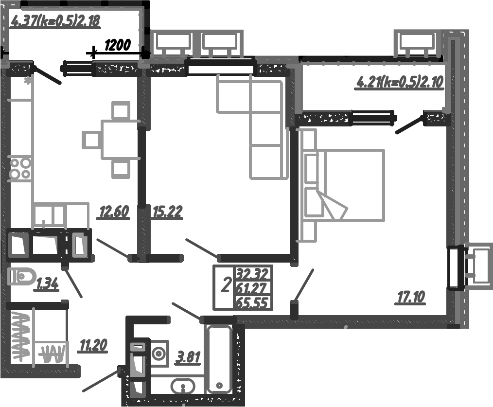 2-комн., 61.25 м², 10/24 этаж, ЖК «Родные Просторы»