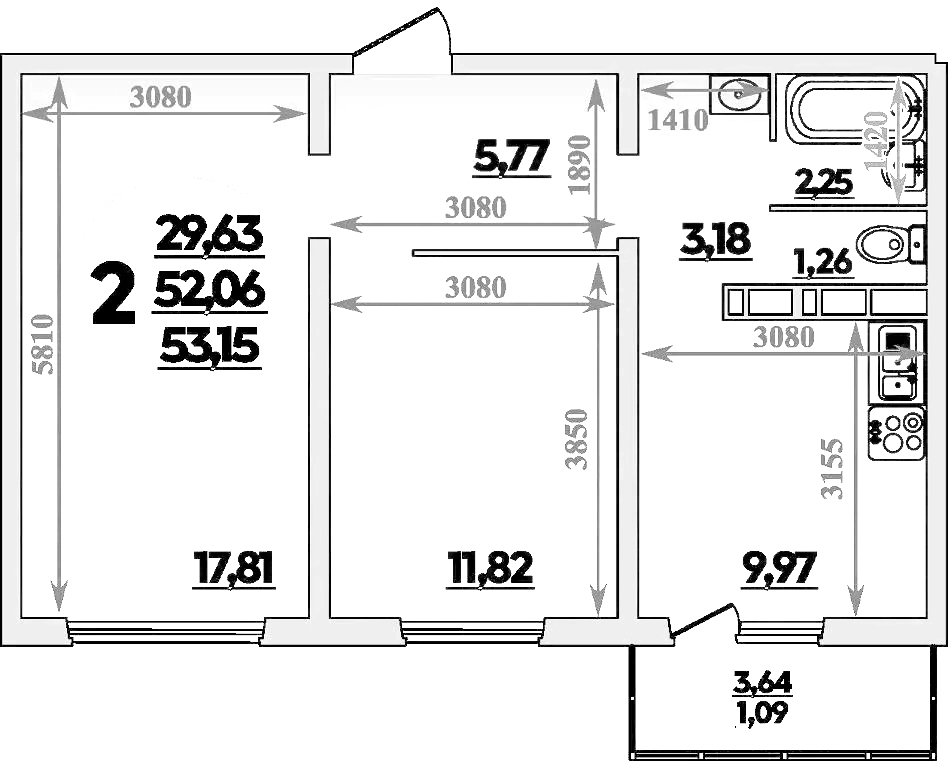 2-комн., 52.06 м², 7/9 этаж, ЖК «Романовский»