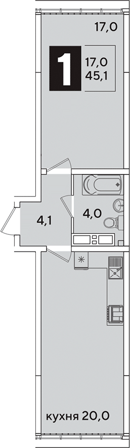 2-комн., 45.1 м², 16/16 этаж, ЖК «Самолет»