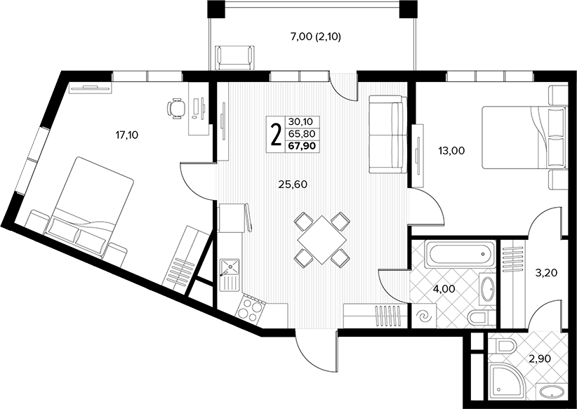 2-комн., 65.8 м², 4/8 этаж, ЖК «Кипарис»
