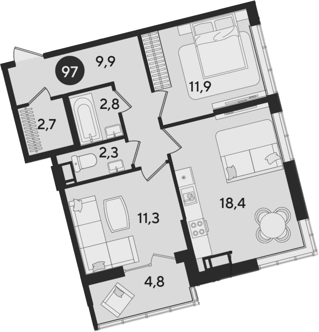 3-комн., 59.3 м², 11/16 этаж, ЖК «Парк Победы»