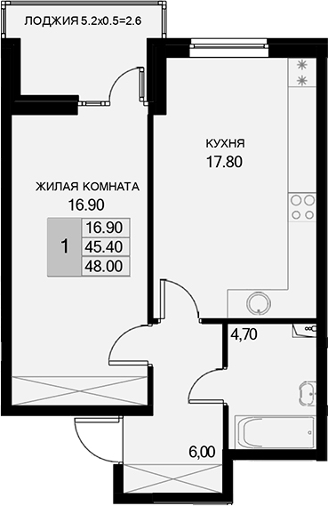 Продается 1-комн. квартира, 45.4 м²