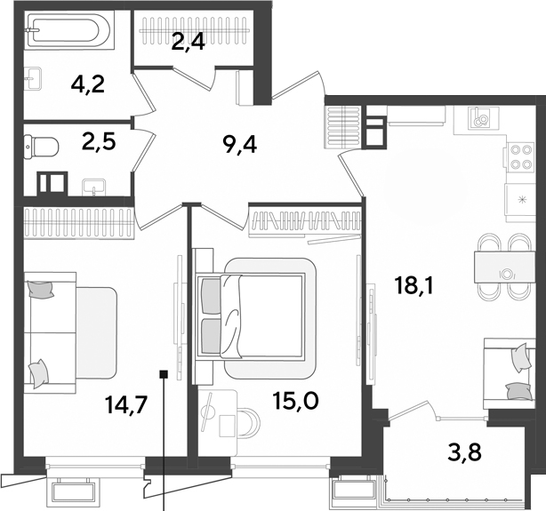 3-комн., 66.3 м², 3/9 этаж, ЖК «Парк Победы»