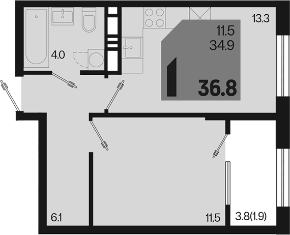 1-комн., 35 м², 10/18 этаж, ЖК «Первое место»
