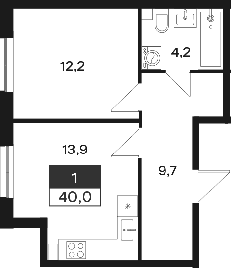 1-комн., 40 м², 1/4 этаж, ЖК «Новая Елизаветка»