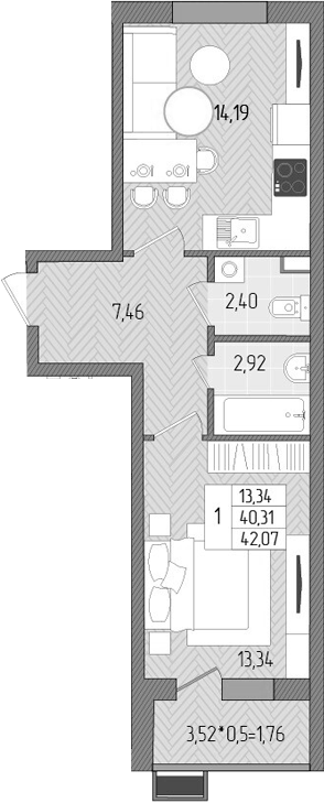 1-комн., 40.31 м², 1/8 этаж, ЖК «Сады у моря»