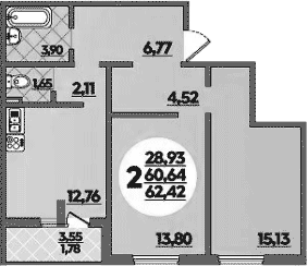 2-комн., 60.64 м², 1/8 этаж, ЖК «Молодежный 2»
