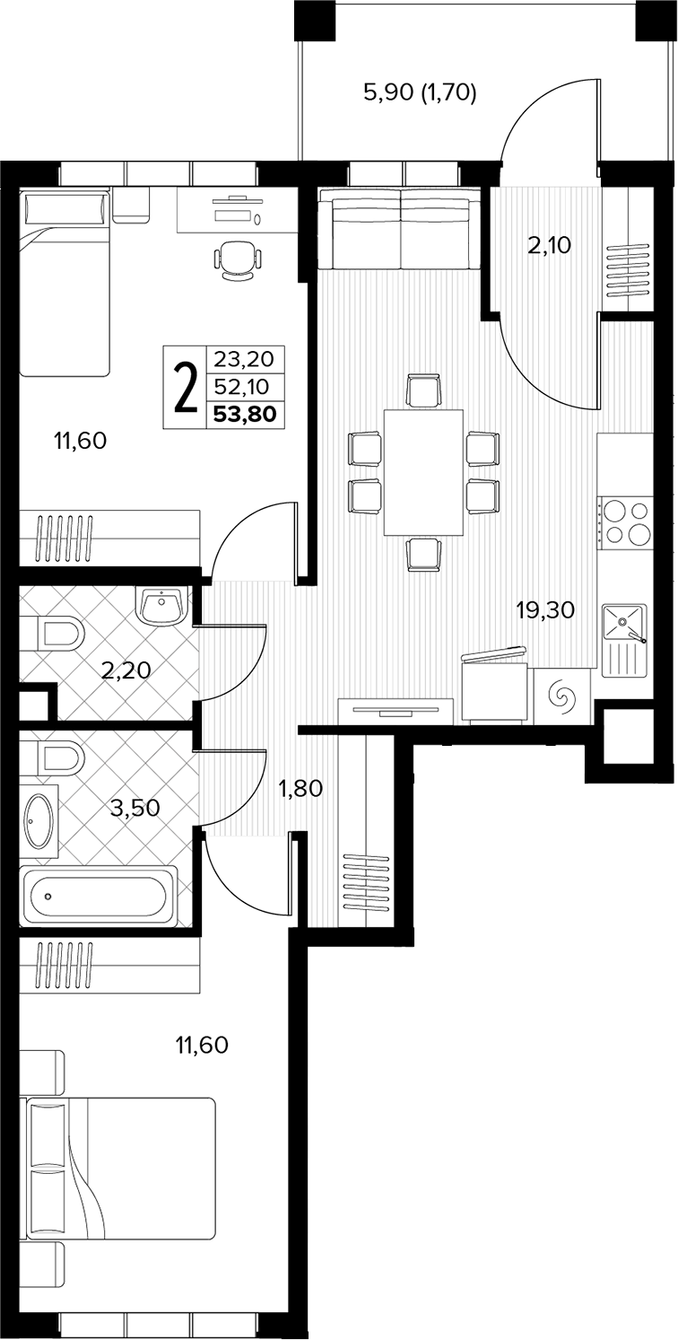 2-комн., 52.1 м², 1/8 этаж, ЖК «Кипарис»