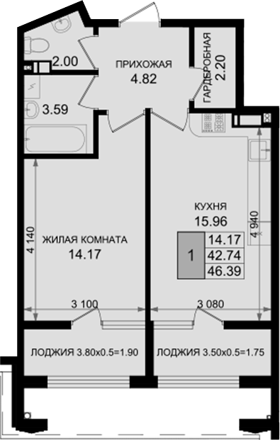 1-комн., 42.74 м², 8/8 этаж, ЖК «Резиденция морей»