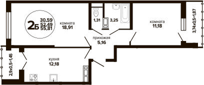 2-комн., 52.49 м², 4/24 этаж, ЖК «Гулливер»
