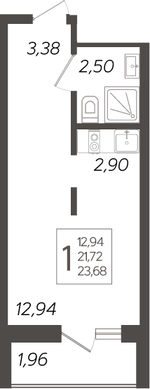 Студия, 21.72 м², 17/19 этаж, ЖК «Кислород»