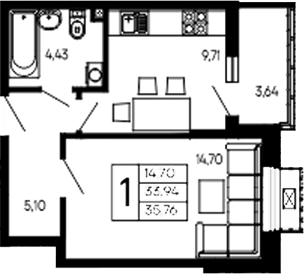 Продается 1-комн. квартира, 33.94 м²